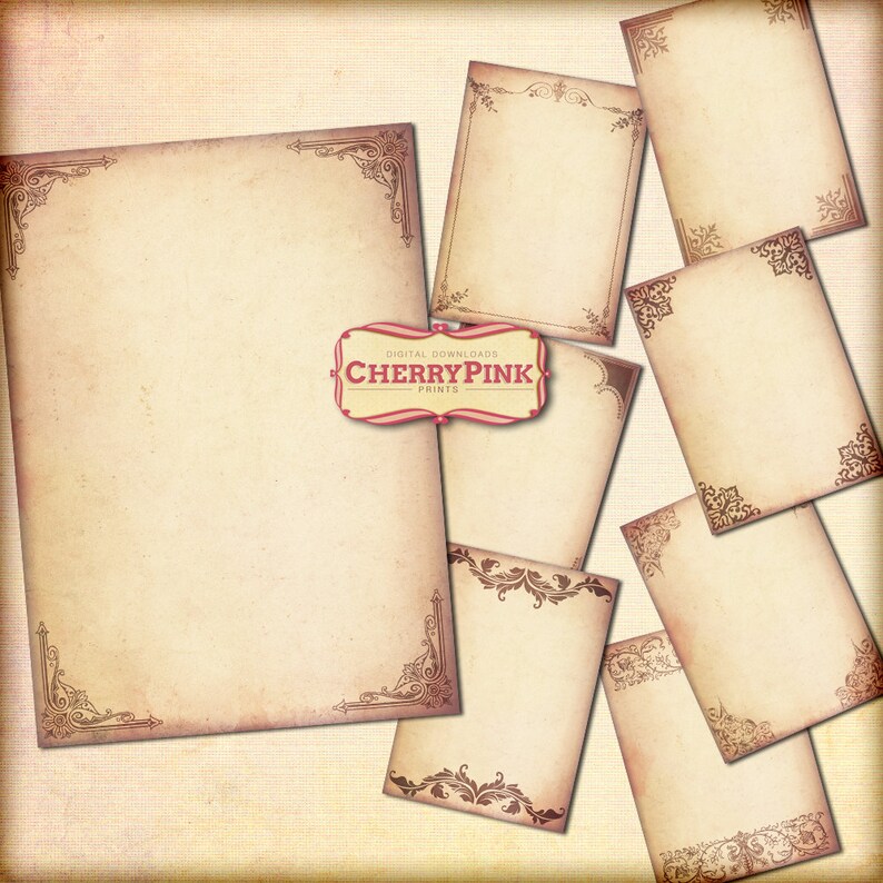 May include: Set of six vintage-style printable paper frames with ornate brown borders. The frames are on a textured beige background. The text "DIGITAL DOWNLOADS CHERRYPINK PRINTS" is in the center of the image.