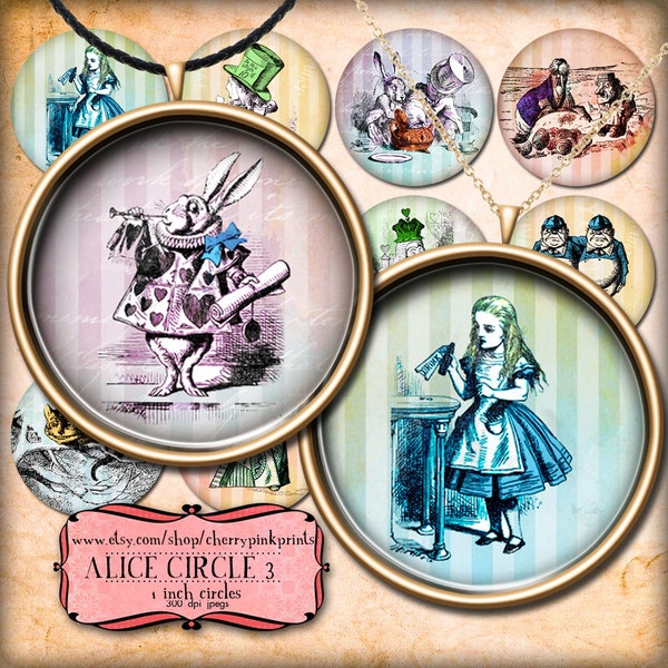 Alice in Wonderland Cake toppers, digital collage sheet, Vintage shabby chic style for pendants, magnets, scrapping, craft supply.