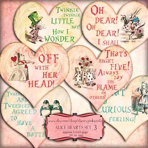 Alice in Wonderland decoration, Heart quote Digital collage sheet, shabby chic hearts, perfect for tags, notecards and digital scrapbooking.