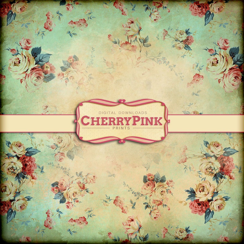Op de afbeelding: Een vintage bloemenpatroon met roze en witte rozen op een lichtblauwe en beige achtergrond. De tekst "DIGITAL DOWNLOADS CHERRY PINK PRINTS" staat op een roze banner.