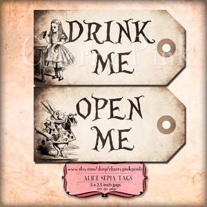 Alice in wonderland Tags, SEPIA ALICE tags, Alice in Wonderland decoration, instant download, perfect for parties, presents and invitations. image 2
