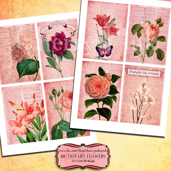 Digital collage sheet VINTAGE DICTIONARY FLOWER  vintage designs, supplies for scrapbooking collage digital download