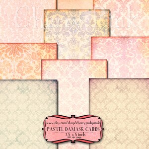 May include: Nine digital paper designs featuring a pastel damask pattern in various shades of pink, peach, and cream. The papers are 3.5 x 5 inches and 300 dpi. The text "Pastel Damask Cards" is in a red heart-shaped frame.
