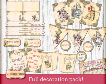 Alice in Wonderland Decorations, full party pack, Tea Party set,  9 party printables, DIY party pack, Instant Download