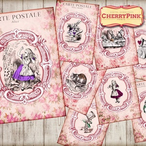 Cartões de diário postal ALICE no PAÍS DAS MARAVILHAS, diário de lixo eletrônico, folha de colagem digital, download imprimível para scrapbooking, imprimíveis para festas