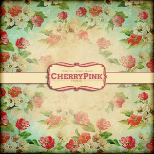 Op de afbeelding: Een vintage bloemenpatroon met roze en witte bloemen op een lichtblauwe achtergrond. Het patroon wordt herhaald over de hele afbeelding. De tekst "DIGITAL DOWNLOADS CHERRY PINK PRINTS" staat in een roze banner bovenaan de afbeelding.
