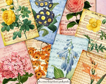 COLORFUL FLORAL Digital collage sheet,  3.5 x 5 inch collages, Vintage shabby chic style for transfers, cards, tags.