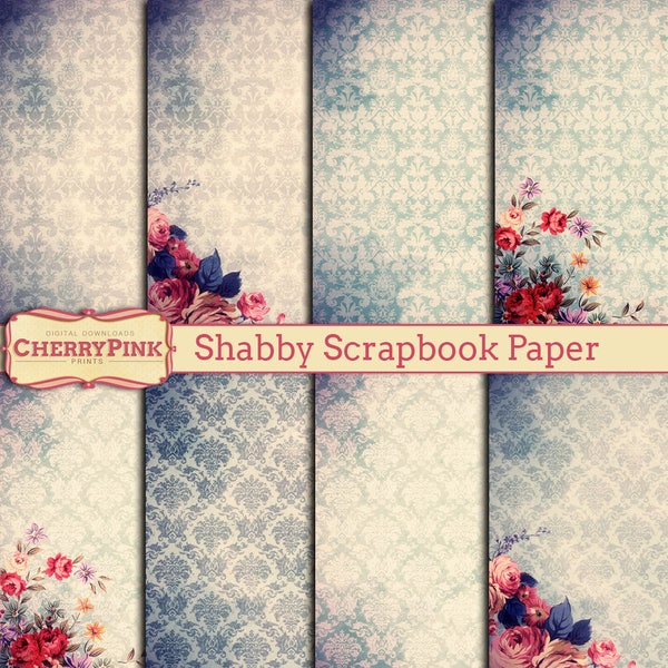 8 Shabby scrapbook paper designs - 12 x 12 shabby chic digital paper - floral - damask - blue - papercraft - scrapbooking - digital download