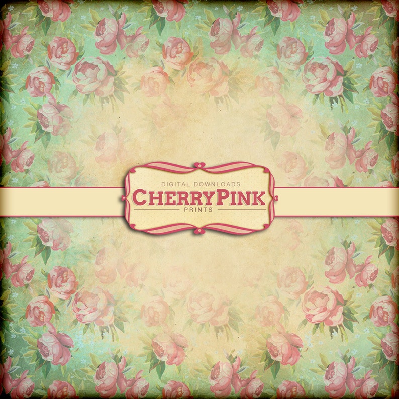 Op de afbeelding: Een digitale download van een vintage bloemenpatroon met roze rozen op een lichtgroene achtergrond. Het patroon is perfect voor scrapbooking, kaartmaken en andere knutselprojecten. De tekst "Cherry Pink Prints" wordt weergegeven in een roze banner.