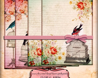 Digital Collage Sheet FLORAL BIRDS digital paper digital scrapbook  ephemera great for notecards, tags and scrapbooking