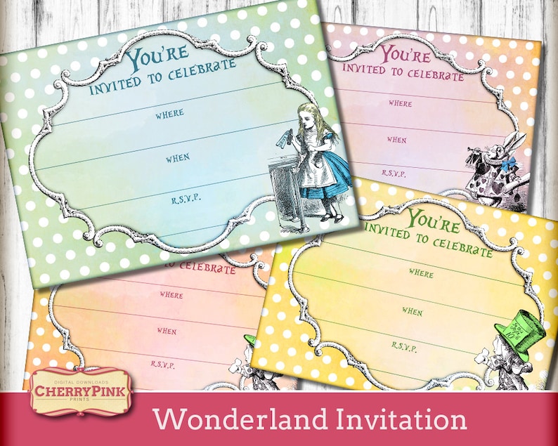 4 Alice in Wonderland Invitations Printable Decoration spotty design party printable Wonderland theme Instant Download