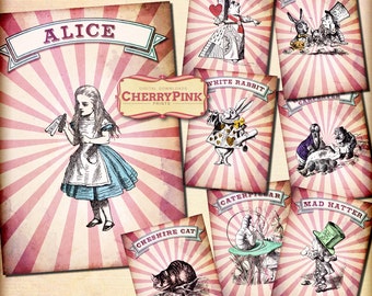 Alicia en el país de las maravillas decoración, fiesta hoja collage imprimible para tu fiesta del país de las maravillas, con Alicia, conejo blanco y el sombrerero loco