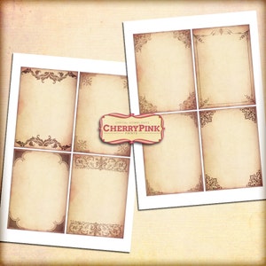 May include: Set of six printable vintage style frames with ornate borders. The frames are on a beige background with a brown border. The frames are perfect for adding a touch of vintage charm to your projects.