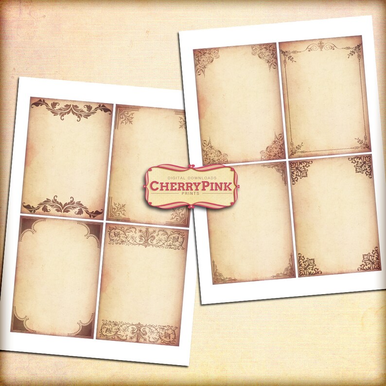 May include: Set of six printable vintage style frames with ornate borders. The frames are on a beige background with a brown border. The frames are perfect for adding a touch of vintage charm to your projects.