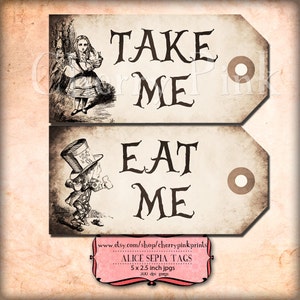Alice in wonderland Tags, SEPIA ALICE tags, Alice in Wonderland decoration, instant download, perfect for parties, presents and invitations. image 3