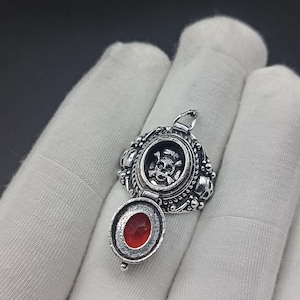 Könnte beinhalten: Silberanhänger mit ovalem Medaillon, das ein Totenkopf- und Knochen-Design aufweist. Das Medaillon öffnet sich und zeigt einen roten Edelstein. Der Anhänger hat aufwendige Details und eine Schlaufe für eine Kette.