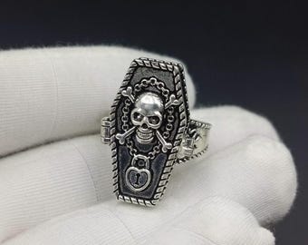Buy Skull poison ring,silver plated ring,coffin design jewelry,gift for her