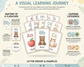 Schede didattiche stampabili con l'alfabeto dalla A alla Z / Attività di apprendimento prescolare ABC / Riconoscimento delle lettere e fonetica / Download digitale A4