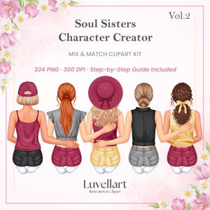 Op de afbeelding: Digitale clipart-kit met de titel "Soul Sisters Character Creator". De afbeelding toont vijf geïllustreerde vrouwen van achteren, elk met verschillende kapsels en outfits. De kit bevat 334 PNG-bestanden en een stapsgewijze handleiding.