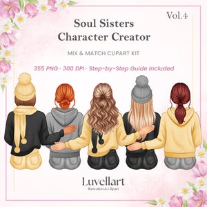Bästa vänner vinter clipart vol. 4 – Mixa och matcha karaktärsskapare, bakifrån flickhuvtröja och mössa vänner clipart kit, 355 PNG