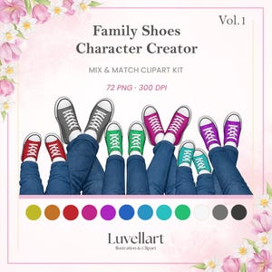 May include: Digital clipart set titled "Family Shoes Character Creator" showing illustrations of colourful sneakers in red, grey, green, pink, purple, and teal. The image includes the text "MIX & MATCH CLIPART KIT" and "72 PNG • 300 DPI".