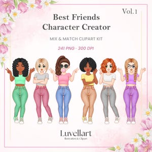 May include: Digital clipart set titled "Best Friends Character Creator." The image features six diverse cartoon figures in various outfits, each giving a peace sign. The figures are wearing crop tops and jeans. The image includes the text "MIX & MATCH CLIPART KIT" and "241 PNG • 300 DPI."