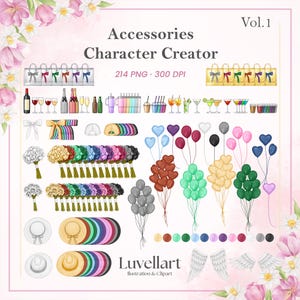 Op de afbeelding: Digitale illustratie van accessoires voor het maken van personages, waaronder boeketten, hoeden, ballonnen, drankjes en boodschappentassen. De afbeelding bevat de tekst "Accessories Character Creator" en "Luvellart Illustration & Clipart."