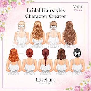 Puede incluir: Ilustración digital de varios peinados de novia. La imagen presenta nueve peinados diferentes, cada uno con un color y estilo de cabello diferente, incluyendo recogidos, trenzas y mechones sueltos. El texto "Bridal Hairstyles Character Creator" se muestra en la parte superior.