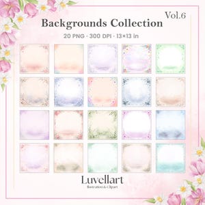 May include: A digital collection titled Backgrounds Collection Vol.6 featuring 20 PNG files at 300 DPI and 13x13 inches. The image displays a grid of 20 square backgrounds with various soft watercolor textures, floral borders, and pastel color palettes.