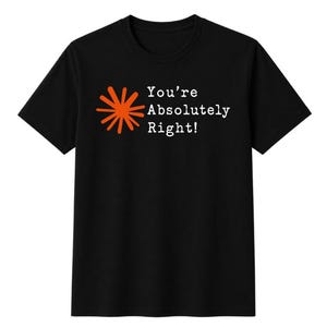 Könnte beinhalten: Ein schwarzes T-Shirt mit kurzen Ärmeln und einer Grafik auf der Brust. Die Grafik besteht aus einem orangefarbenen Sternsymbol links neben dem weißen Text, der "You're Absolutely Right!" in einer serifenlosen Schriftart lautet.