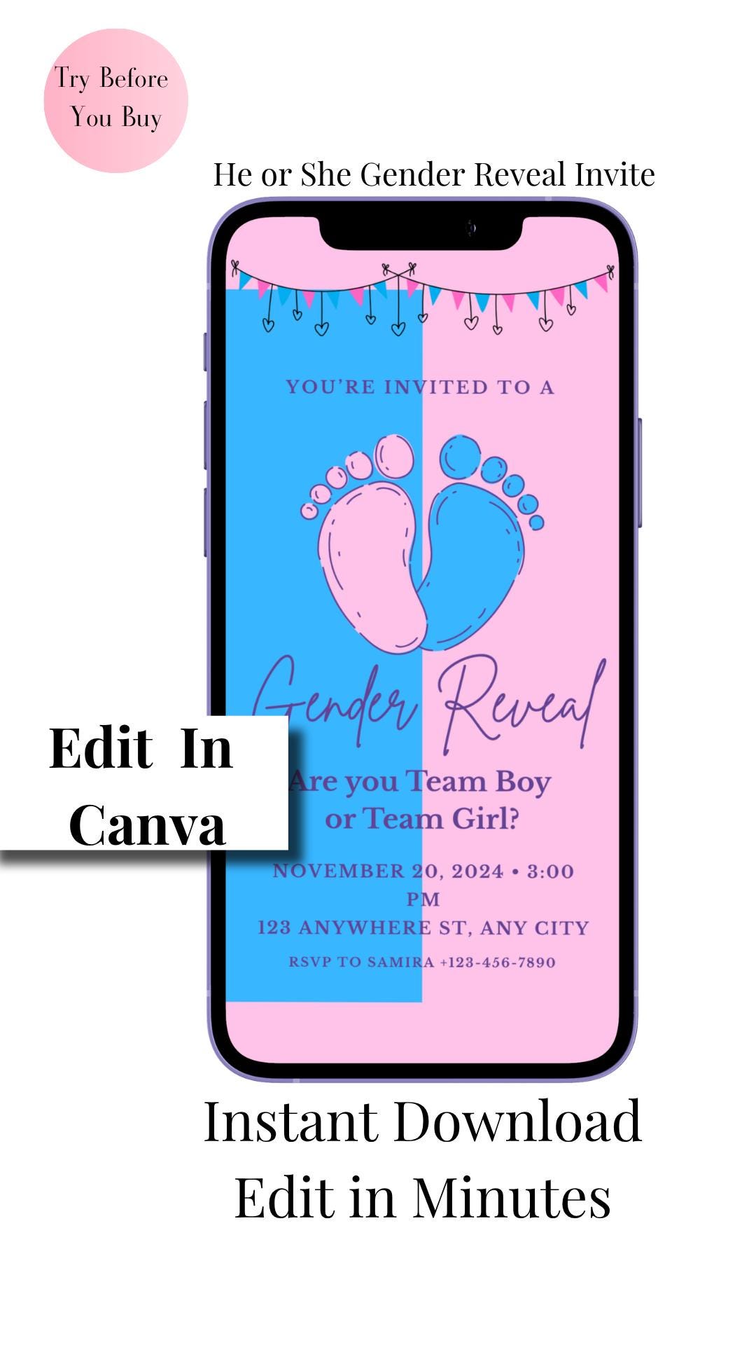 He or She Gender Reveal Invitation Template Canva | Editable Baby ...