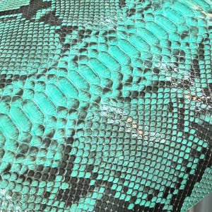 Pode incluir: Um close-up de duas peças de couro. Uma é uma grande folha cinza escura. A outra é couro de pele de cobra turquesa e preta. O couro de pele de cobra tem um padrão de escamas.