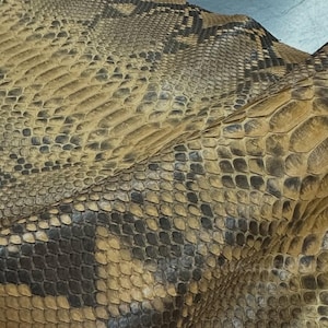 Pode incluir: Close-up de um pedaço de pele de cobra. A pele de cobra tem um padrão de escamas marrons, bronzeadas e pretas. A textura da pele é áspera e irregular. A pele de cobra é provavelmente usada para artesanato.