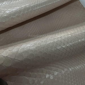 Könnte beinhalten: Nahaufnahme einer hellbeige Schlangenhaut. Das Leder hat ein strukturiertes, schuppiges Muster und ist über sich selbst gefaltet. Das Material wirkt weich und geschmeidig, geeignet für verschiedene Bastelprojekte.