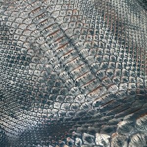 Pode incluir: Close-up de uma superfície texturizada com um padrão que se assemelha à pele de réptil. A paleta de cores inclui tons de cinza, azul e marrom, criando uma aparência realista e detalhada. As escamas são compactas, dando uma sensação de profundidade.