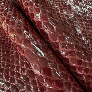 Peut inclure: Gros plan sur une feuille de cuir de peau de serpent bordeaux. Le cuir a une finition brillante et un motif d'écailles. Les écailles sont petites et serrées, créant une surface texturée. Le cuir est plié et drapé.