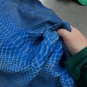 May include: Close-up of a piece of blue snakeskin leather. The leather has a scale pattern and is a vibrant shade of blue with darker blue accents. The texture of the leather is visible, showing the natural pattern.