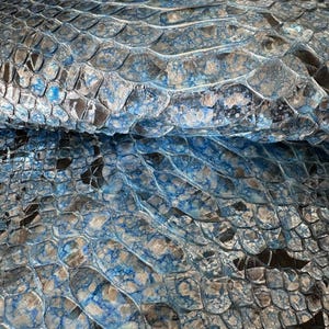 Könnte beinhalten: Nahaufnahme von blau-silberner Reptilienhaut. Die Schuppen haben ein strukturiertes Aussehen mit glänzendem Finish. Die Farbpalette umfasst Blau-, Silber- und Schwarztöne, die einen auffälligen visuellen Effekt erzeugen. Das Muster erinnert an Schlangen- oder Krokodilhaut.