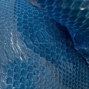 May include: Close-up of a sheet of blue leather with a scale-like pattern. The leather has a glossy finish and a textured surface. The image shows the detail of the material, with the scales overlapping.