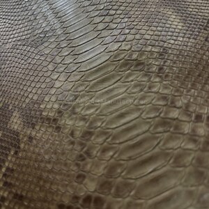 Pode incluir: Close-up de um pedaço de pele de cobra marrom. A pele de cobra tem uma textura escamosa com tons variados de marrom e bege. As escamas são compactas e criam uma superfície texturizada.