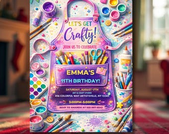 Editable Craft Birthday Party Invitation, Crafting Theme Birthday, Printable Girl Dress for a Mess Painting Art Party Invite Canva Template