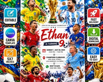 Soccer Birthday Invitation Editable World Cup Party Invite Football Birthday Invite Kids Sports Invitation Canva