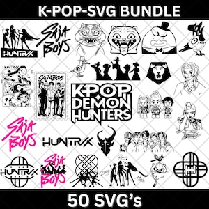 May include: A collection of 50 SVG designs with a K-Pop theme. The designs include silhouettes of people, cartoon characters, and text elements like "Saja Boys" and "Kpop Demon Hunters". The designs are in black and white with some pink accents.