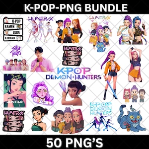 May include: A collection of 50 PNG images featuring K-Pop-themed illustrations. The images include stylized portraits, group shots, and text elements like "K-POP," "RAMEN," and "BOBA." The title "K-POP-PNG BUNDLE" is displayed at the top.