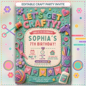 Invitación para fiesta de manualidades Let's Get Crafty, plantilla de invitación pastel para niñas de Arts and Crafts