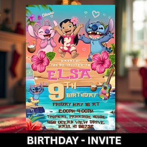 May include: A colorful birthday invitation featuring cartoon characters from a popular animated film. The invitation includes the name "Elsa", the number "9", and event details. The design incorporates tropical elements and the text "Birthday - Invite".