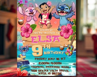 Stitch and Angel Birthday Invitation Editable Template, Kids Lilo & Stitch Party Invite, Printable 5x7 Digital Birthday Canva Evite
