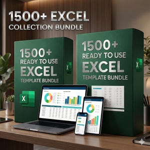 May include: Two dark green boxes with the text "1500+ EXCEL COLLECTION BUNDLE" and "1500+ READY TO USE EXCEL TEMPLATE BUNDLE". A laptop, tablet, and two smartphones display charts and graphs. The Microsoft Excel logo is visible.