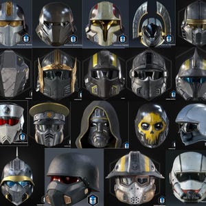 May include: A collection of twenty distinct sci-fi style helmets displayed in a grid. The helmets feature various designs, including metallic finishes, visors, face masks, and integrated armor plating in colors like silver, black, gold, and yellow.