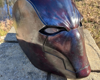 3D Printed Red Hood Helmet with LED Eyes, Weathered Cosplay Prop